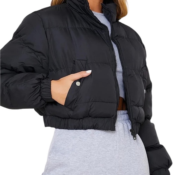 Women's Quilted Black Puffer Jacket Cropped Small - Picture 1 of 13